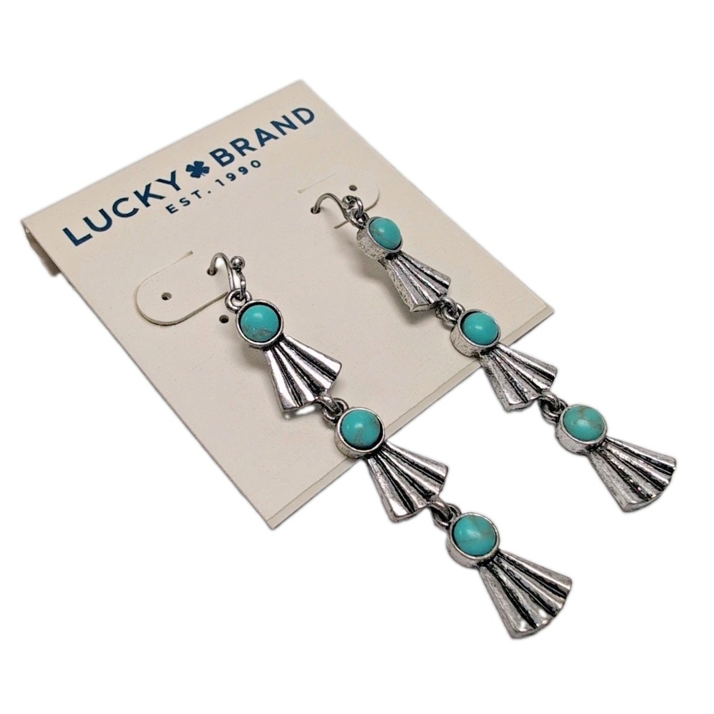 NWT Lucky Brand Silver Tone Turquoise Color Stones Linear Dangle Drop Earrings